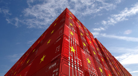 Vietnam export production and import cargo containers in row business concept. Vietnamese flag industrial shipping box 3d illustration.の写真素材