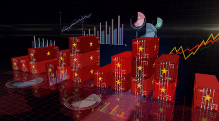 Vietnam export production and import cargo containers on charts and diagrams business concept. Vietnamese flag industrial shipping box 3d illustration.の写真素材
