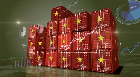 Vietnam export production and import cargo containers on charts and diagrams business concept. Vietnamese flag industrial shipping box 3d illustration.の写真素材