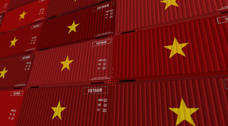 Vietnam export production and import cargo containers in row business concept. Vietnamese flag industrial shipping box 3d illustration.の写真素材