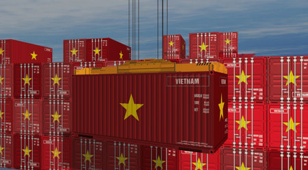 Vietnam export production and import containers cargo crane. Business concept of transport, loading and shipping with a Vietnamese flag illustration.の写真素材