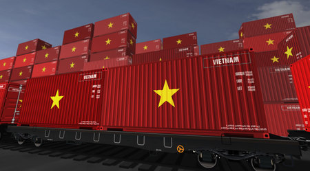 Vietnam export production and import containers on a freight wagons. Business concept of railway train transport and shipping with a Vietnamese flag 3D illustration.の写真素材