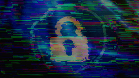 Cyber security padlock symbol digital technology flag cyber background. Digital protection icon banner cyberattack espionage concept illustration.の写真素材