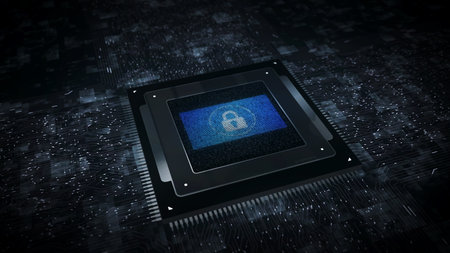 Cyber security padlock symbol digital technology flag cyber on on computer CPU in background. Digital protection icon banner cyberattack espionage concept illustration.の写真素材