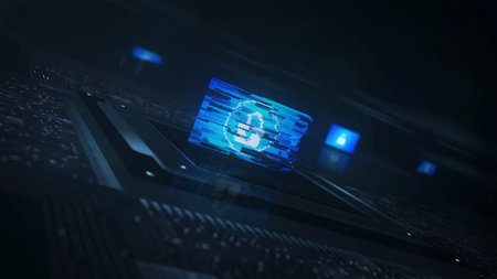 Cyber security padlock symbol digital technology flag cyber on on computer CPU in background. Digital protection icon banner cyberattack espionage concept illustration.の写真素材