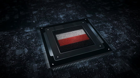 Poland digital technology flag cyber on on computer CPU in background. Polish banner cyberattack and espionage concept illustration.の写真素材