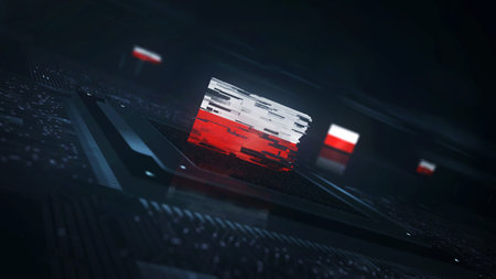 Poland digital technology flag cyber on on computer CPU in background. Polish banner cyberattack and...