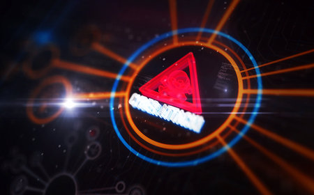 Cyber attack alert and security warning symbol digital concept. Network, cyber technology sign and computer background abstract icon 3d illustration.の写真素材