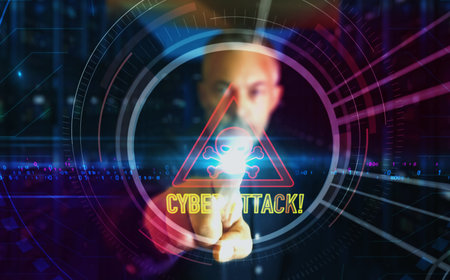 Cyber attack alert and security warning symbol digital abstract 3d concept. Finger touch screen. cyber technology and network background. Man pushes computer display.の写真素材