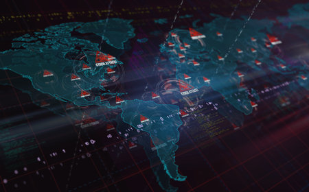Cyber attack alert and security warning symbols over world map. Seamless looped technology concept.の写真素材
