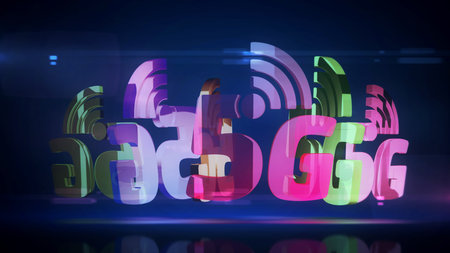 5G mobile wireless network and smartphone communication symbol. Abstract concept 3d icon illustration.の写真素材