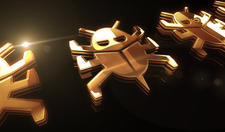 Worm cyber security and digital virus attack golden metal shine symbol concept. Spectacular glowing...
