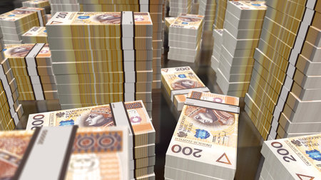 Poland zloty Polish money money pack 3d illustration. 200 PLN banknote bundle stacks. Concept of finance, cash, economy crisis, business success, recession, bank, tax and debt.の写真素材