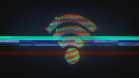WiFi wireless mobile communication and internet hotspot symbol glitch and noise. Abstract concept 3d...