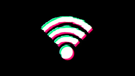 WiFi wireless mobile communication and internet hotspot symbol glitch and noise. Abstract concept 3d video distorted icon illustration.の写真素材