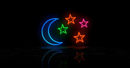 Moon and stars neon symbol. Space and night sky light color. Abstract concept 3d illustration.の写真素材