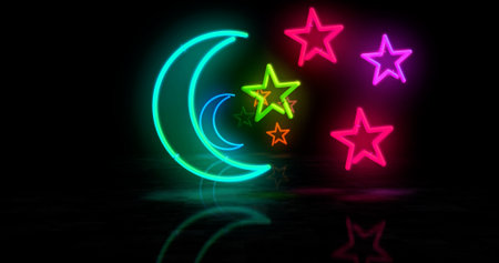 Moon and stars neon symbol. Space and night sky light color. Abstract concept 3d illustration.の写真素材