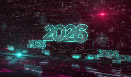 2026 year futuristic new neon symbol digital concept. Network, cyber technology and computer...
