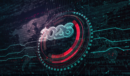 2026 year futuristic new neon symbol digital concept. Network, cyber technology and computer...