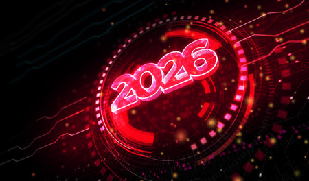 2026 year futuristic new neon symbol digital concept. Network, cyber technology and computer...