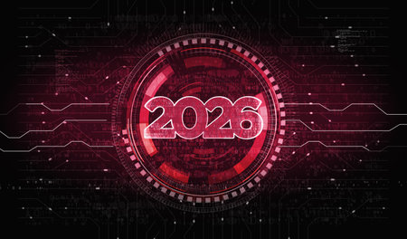 2026 year futuristic new neon symbol digital concept. Network, cyber technology and computer...