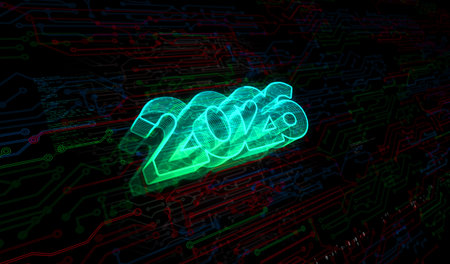 2026 year futuristic new neon symbol digital concept. Network, cyber technology and computer...
