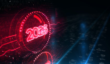 2026 year futuristic new neon symbol digital concept. Network, cyber technology and computer...