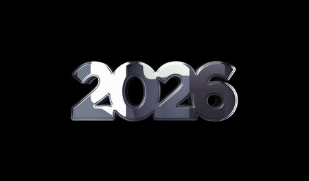 2026 year futuristic new neon golden metal shine symbol concept. Spectacular glowing and reflection...