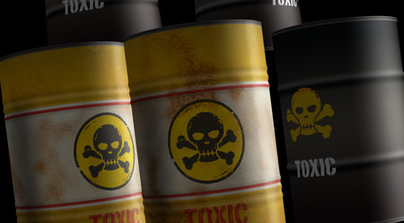 Toxic warning barrels in row concept. Skull chemical danger industrial containers 3d illustration.の写真素材