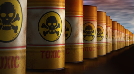 Toxic warning barrels in row concept. Skull chemical danger industrial containers 3d illustration.の写真素材