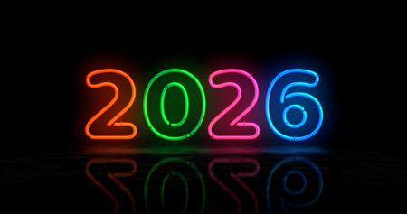 2026 year symbol neon symbol. Light color bulbs. Abstract concept 3d illustration.の写真素材