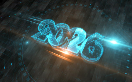 2026 year symbol digital concept. Network, cyber technology sign and computer background abstract...