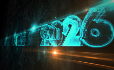 2026 year symbol digital concept. Network, cyber technology sign and computer background abstract...