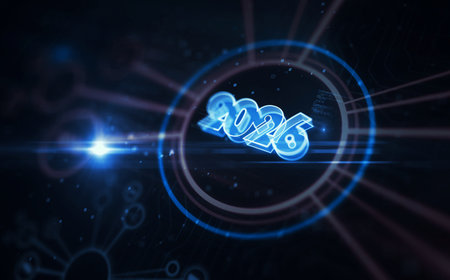 2026 year symbol digital concept. Network, cyber technology sign and computer background abstract...