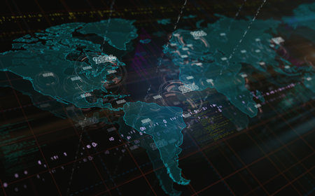 2026 year symbols over world map. Seamless looped technology concept.の写真素材