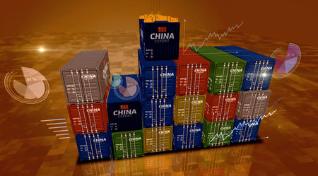 China export production and import cargo containers on charts and diagrams business concept. Chinese...