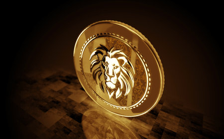 Lion symbol gold coin on green screen background. Abstract concept 3d illustration.の写真素材