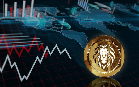Lion symbol golden coin over the chart. Price trend graph with growing and falling line. Online payment and transaction abstract concept 3d illustration.の写真素材