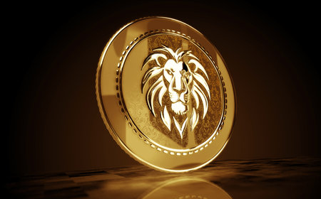 Lion symbol gold coin on green screen background. Abstract concept 3d illustration.の写真素材