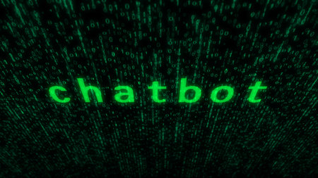 Chatbot artificial intelligence online text typing on display screen. Searching with retro monitor...