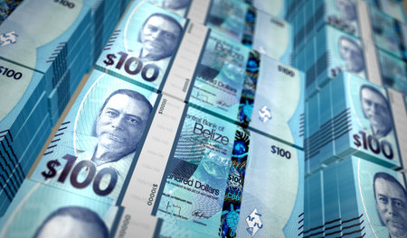 Belize money Belizean dollars money pack 3d illustration. 100 BZD banknote bundle stacks. Concept of finance, cash, economy crisis, business success, recession, bank, tax and debt.の写真素材
