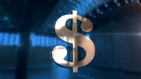 Dollar US money USD 3d symbol spectacular. Abstract glowing golden metal icon illustration.の写真素材
