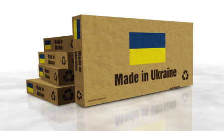 Made in Ukraine box production line. Ukrainian, flag manufacturing and delivery. Product factory, import and export. Abstract concept 3d illustration.の写真素材