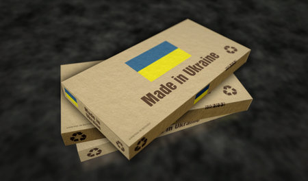 Made in Ukraine box production line. Ukrainian, flag manufacturing and delivery. Product factory, import and export. Abstract concept 3d illustration.の写真素材
