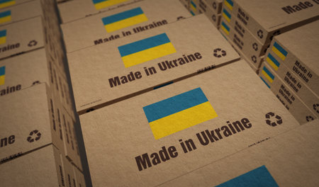 Made in Ukraine box production line. Ukrainian, flag manufacturing and delivery. Product factory, import and export. Abstract concept 3d illustration.の写真素材