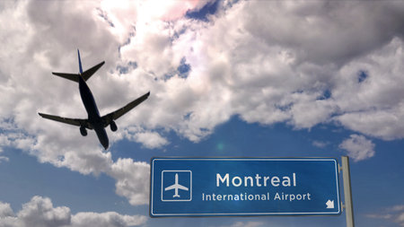 Airplane silhouette landing in Montreal, Canada. City arrival with international airport direction signboard and blue sky in background. Travel, trip and transport concept 3d illustration.の写真素材