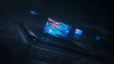 Australia digital technology flag cyber on on computer CPU in background. Australian banner cyberattack and espionage concept illustration.の写真素材