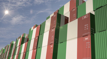 Italy export production and import cargo containers in row business concept. Italian flag industrial...