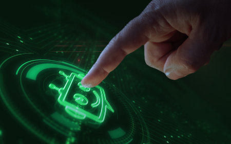 Chatbot artificial intelligence symbol digital abstract 3d concept. Finger touch screen. cyber...