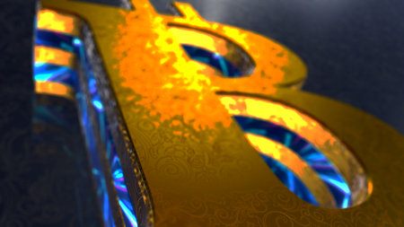 Bitcoin BTC blockchain cryptocurrency 3d symbol spectacular. Abstract glowing golden metal icon illustration.の写真素材